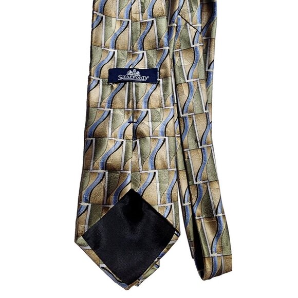 Mens Stanford Geometric Golden Tan Blue Neck Silk Tie 58” L x4” W Classic Power - Picture 9 of 11
